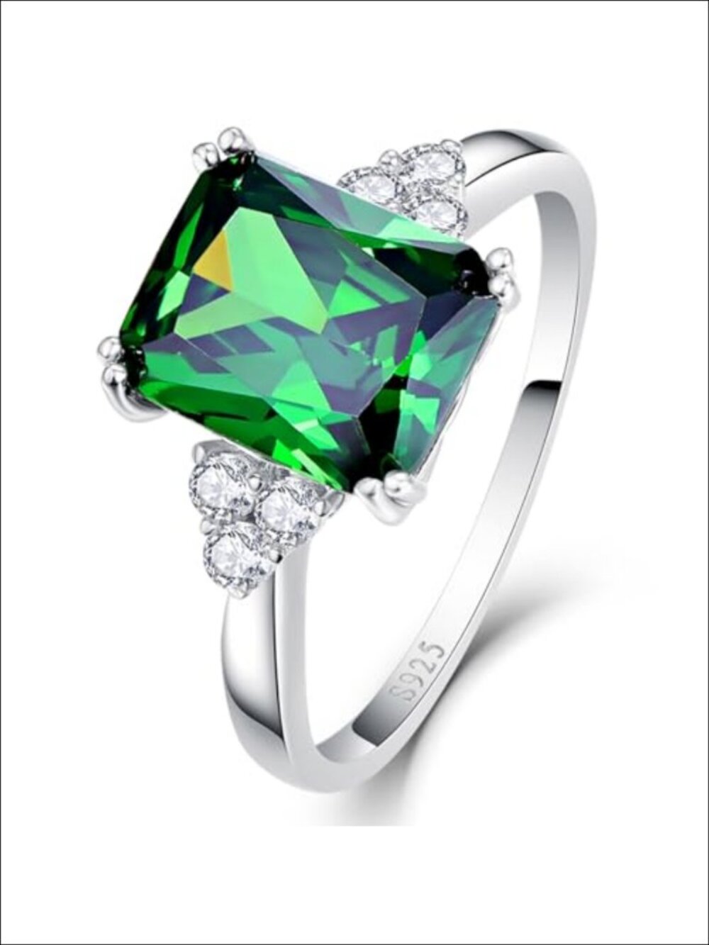 925 Sterling Silver Radiant Cut Emerald Engagement Ring Size 8